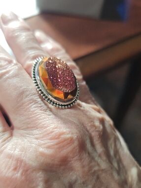 HSN 925 Sparkling Pink Druzy Oval Statement Ring with Amber Facet NWT